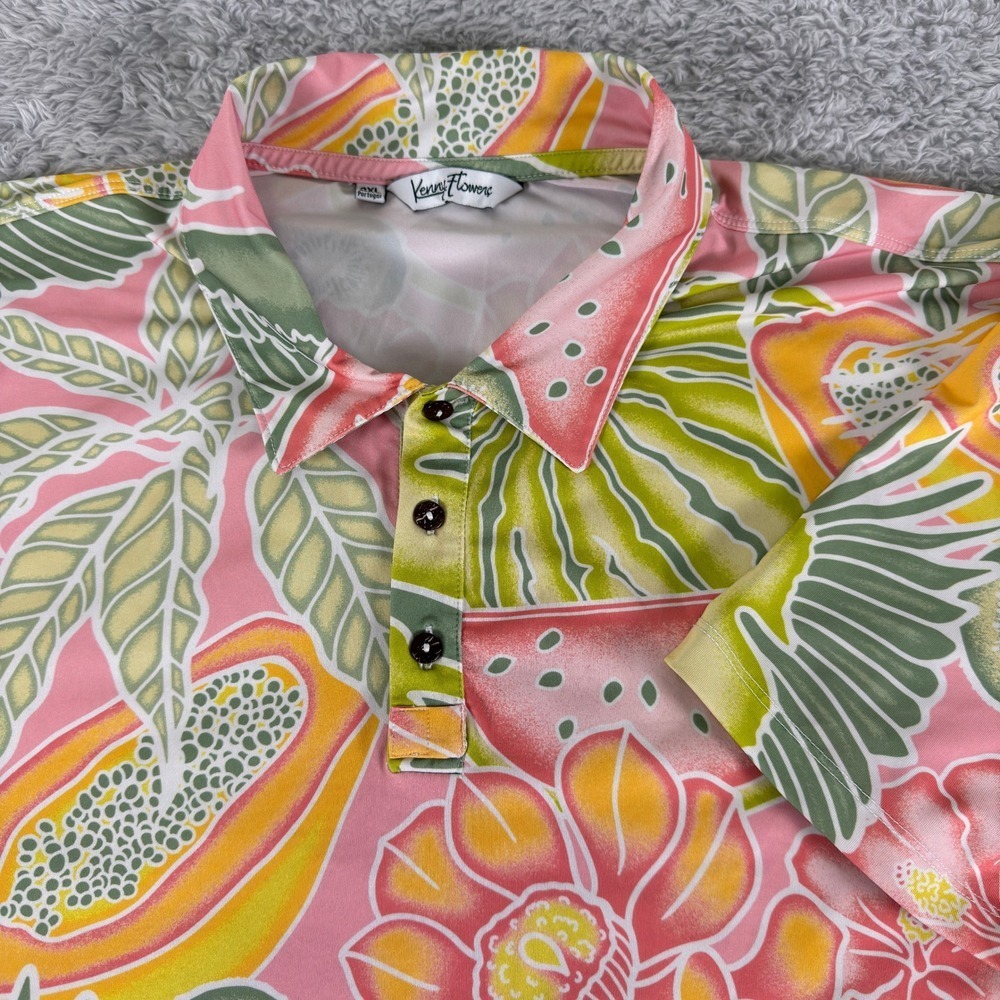 Kenny Flowers Tropical Fruit Parrot Pink Polo Shirt Mens 2XL Short Sleeve
